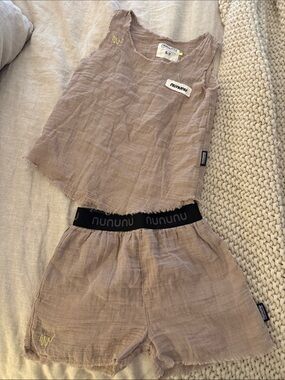 nununu Taupe Lightweight Linen-Blend Athletic Shorts and tank